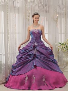 Purple Strapless Quinceanera Dress with Ruches and Embroidery