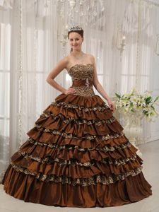 Ruffles Sweetheart Brown Sweet 15 Dress with Leopard Print Fabric