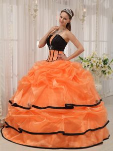 Orange and Black Sweet 16 Dress with Beading and Ruched Layers