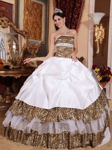 White Strapless Quinceanera Dress with Leopard Print Fabric Layers