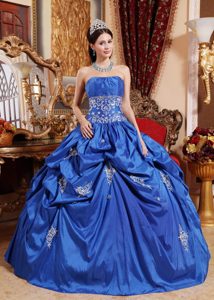 Taffeta Strapless Blue Sweet 16 Dress with Ruches and Appliques