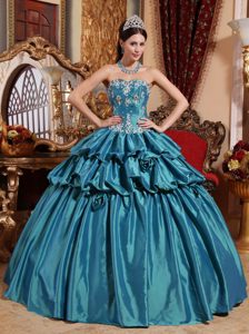 Teal Sweetheart Sweet 15 Dress with Appliques and Hand Made Flowers