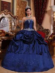 Navy Blue Strapless Quinceanera Dress with Pick-ups and Embroidery