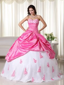 Sweetheart Pink and White Quanceanera Dress with Pick-ups and Appliques