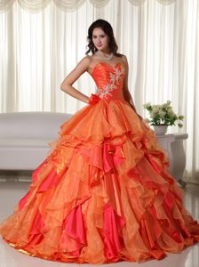 Sweetheart Orange Sweet 16 Dress with Embroidery and Ruffles