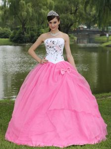 White Strapless Quinceanera Dress with Embroidery and a Pink Organza Bottom