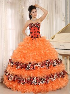 Orange Sweetheart Sweet 15 Dress with Ruffles and Leopard Printed Material