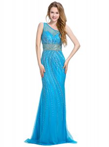 On Sale One Shoulder Baby Blue Sleeveless Tulle Brush Train Zipper Prom Dress for Prom and Party