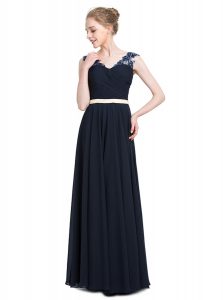 Enchanting Empire Prom Evening Gown Navy Blue V-neck Chiffon Sleeveless Floor Length Zipper