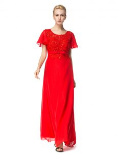 Scoop Short Sleeves Floor Length Beading and Appliques Backless Mother Of The Bride Dress with Red