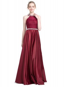 Exceptional Halter Top Floor Length Burgundy Mother Of The Bride Dress Taffeta Sleeveless Beading and Lace