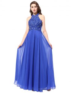 Elegant Halter Top Floor Length Blue Mother Of The Bride Dress Chiffon Sleeveless Beading and Lace