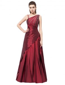 Beading and Bowknot Mother Of The Bride Dress Burgundy Side Zipper Sleeveless Floor Length