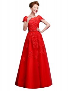 Spectacular Red Short Sleeves Tulle Lace Up Mother Of The Bride Dress for Prom and Party