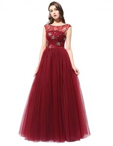 Smart Burgundy Tulle Zipper Scoop Sleeveless Floor Length Prom Dress Beading