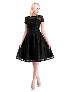 Black Lace Zipper Evening Dress Short Sleeves Knee Length Lace