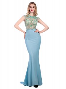 Scoop Light Blue Sleeveless With Train Beading Zipper Evening Dress