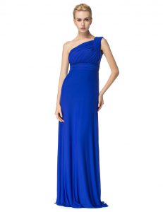 Pretty One Shoulder Royal Blue Sleeveless Ruching Floor Length Homecoming Dress