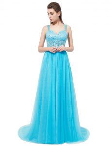 Sophisticated Sleeveless With Train Beading Zipper Evening Dress with Aqua Blue Brush Train