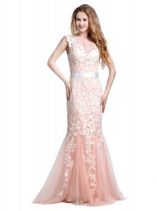 Luxury Scoop Cap Sleeves Brush Train Lace and Appliques Zipper Prom Dresses