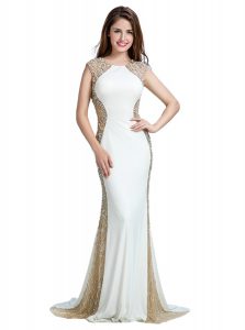 Scoop White Sleeveless Chiffon Brush Train Backless Homecoming Dress for Prom and Party
