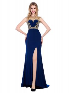 With Train Navy Blue Evening Dress High-neck Sleeveless Sweep Train Zipper