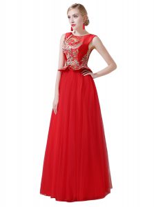 Affordable Scoop Sleeveless Tulle Prom Gown Beading and Appliques Zipper