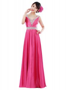 Hot Pink Zipper V-neck Beading Mother Of The Bride Dress Elastic Woven Satin Sleeveless