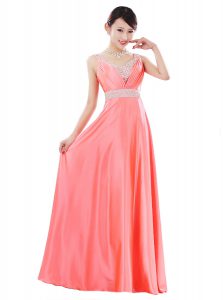 Watermelon Red Sleeveless Floor Length Beading Zipper Evening Dress