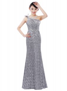 Sequins Column/Sheath Mother Of The Bride Dress Silver One Shoulder Sequined Sleeveless Floor Length Zipper