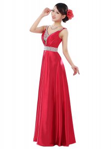 Discount Elastic Woven Satin Sleeveless Floor Length Prom Evening Gown and Beading