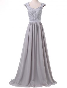 Scoop Cap Sleeves Chiffon Prom Dresses Lace and Pleated Lace Up