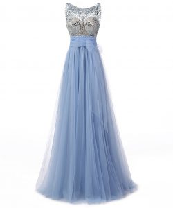 Scoop Blue Backless Homecoming Dress Beading and Bowknot Sleeveless Floor Length