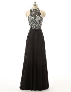 Backless Floor Length Black Prom Evening Gown Tulle Sleeveless Beading