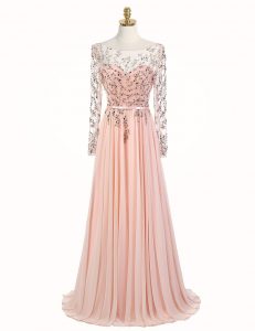 Scoop Peach A-line Beading Mother Of The Bride Dress Backless Chiffon Long Sleeves With Train