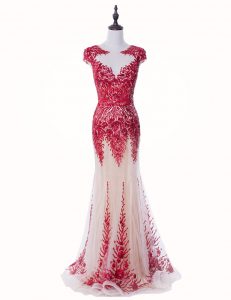 Mermaid Scoop Red Backless Mother Of The Bride Dress Appliques Cap Sleeves Brush Train