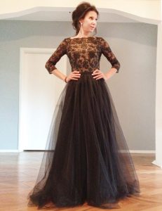 Tulle Bateau 3 4 Length Sleeve Backless Beading and Lace Mother Of The Bride Dress in Black