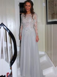 Grey Backless Bateau Appliques Mother Of The Bride Dress Chiffon Long Sleeves