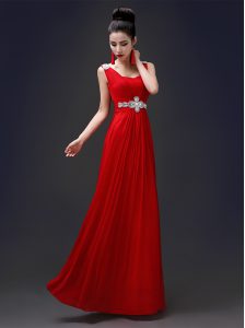 Square Red Chiffon Zipper Prom Party Dress Sleeveless Floor Length Beading