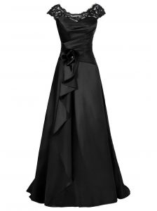Black Mother Of The Bride Dress Prom and Wedding Party and For with Beading and Appliques Scoop Cap Sleeves Zipper