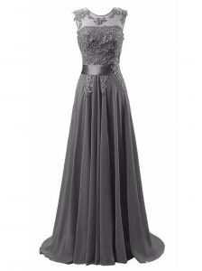 Affordable Grey A-line Chiffon Scoop Sleeveless Beading and Appliques Lace Up Prom Evening Gown Brush Train