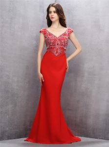 On Sale Mermaid Sleeveless Chiffon With Train Sweep Train Zipper Prom Dresses in Red with Beading and Sequins