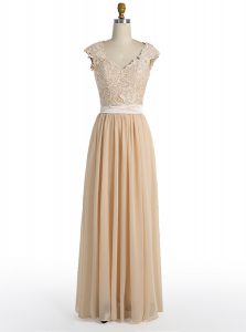 Vintage A-line Mother Of The Bride Dress Champagne V-neck Chiffon Cap Sleeves Floor Length Side Zipper