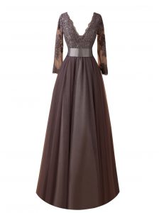 Long Sleeves Organza Floor Length Zipper Mother Of The Bride Dress in Brown with Lace