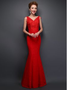 Sexy Mermaid Sleeveless Lace Floor Length Lace Up Prom Dress in Red with Beading and Appliques