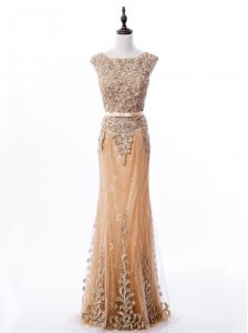 Mermaid Scoop Gold Lace Zipper Prom Dress Sleeveless Brush Train Beading