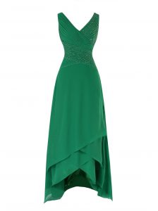 Empire Green V-neck Chiffon Sleeveless Asymmetrical Zipper