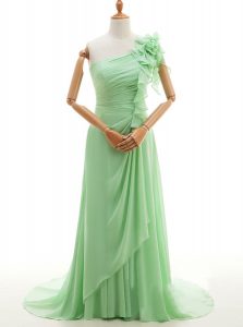 One Shoulder Sleeveless Sweep Train Lace Up With Train Ruffles and Hand Made Flower Dress for Prom