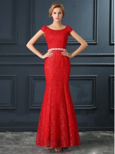 Unique Red Mermaid Lace Scoop Cap Sleeves Beading Floor Length Lace Up Mother Of The Bride Dress