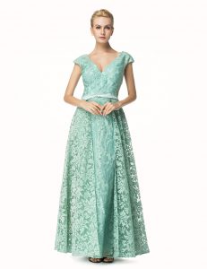 Pleated Turquoise Cap Sleeves Lace Zipper Mother Of The Bride Dress for Prom and Party